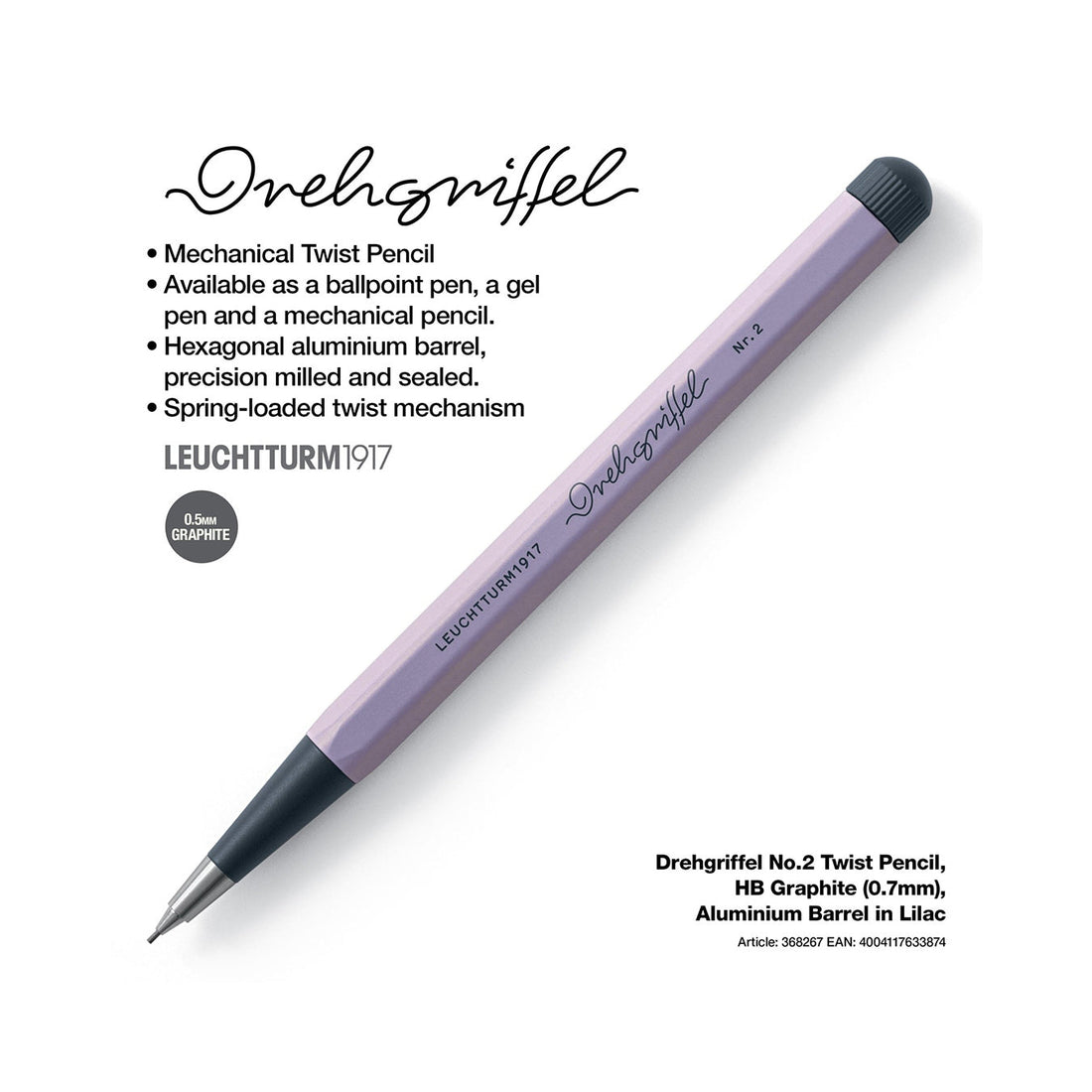 LEUCHTTURM1917 0.7mm Mechanical Clutch Pencil | Graphite HB Lead | Drehgriffel No. 2 | Lilac | Twist Mechanism
