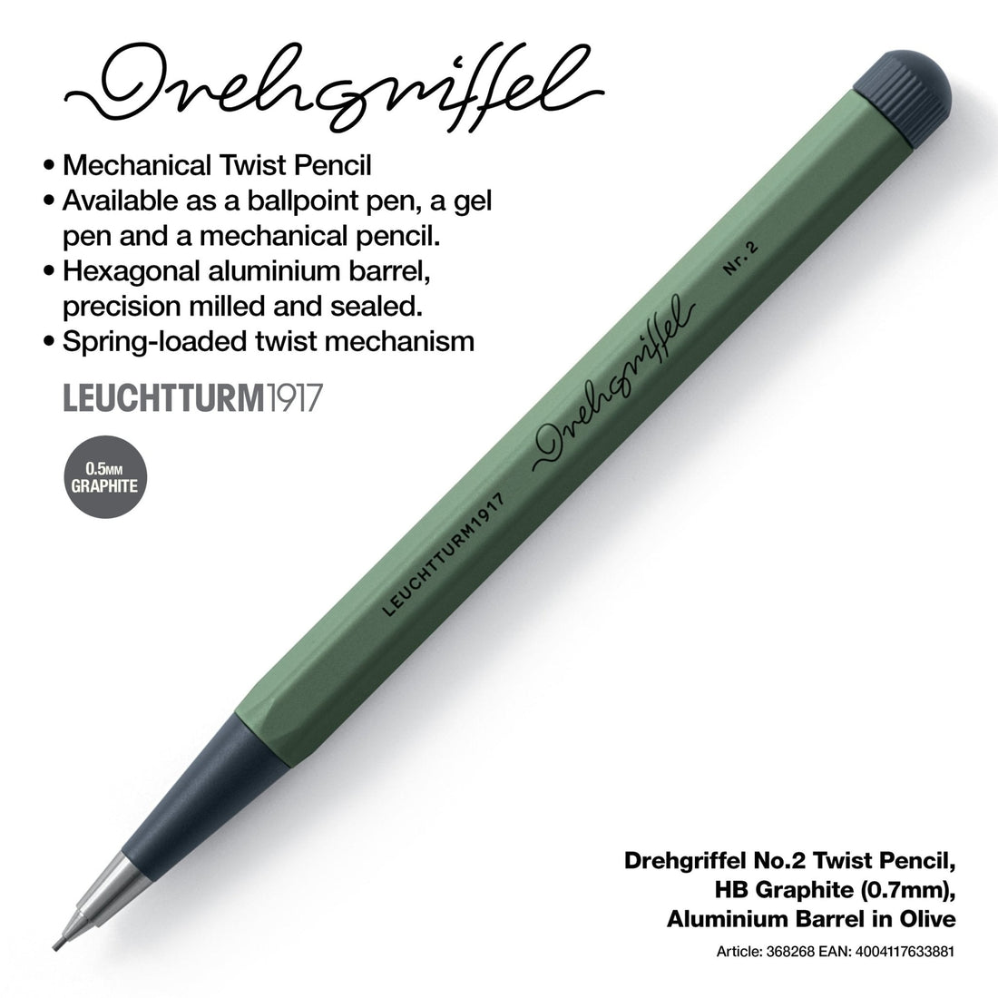 LEUCHTTURM1917 0.7mm Mechanical Clutch Pencil | Graphite HB Lead | Drehgriffel No. 2 | Olive Green | Twist Mechanism - penpencilink