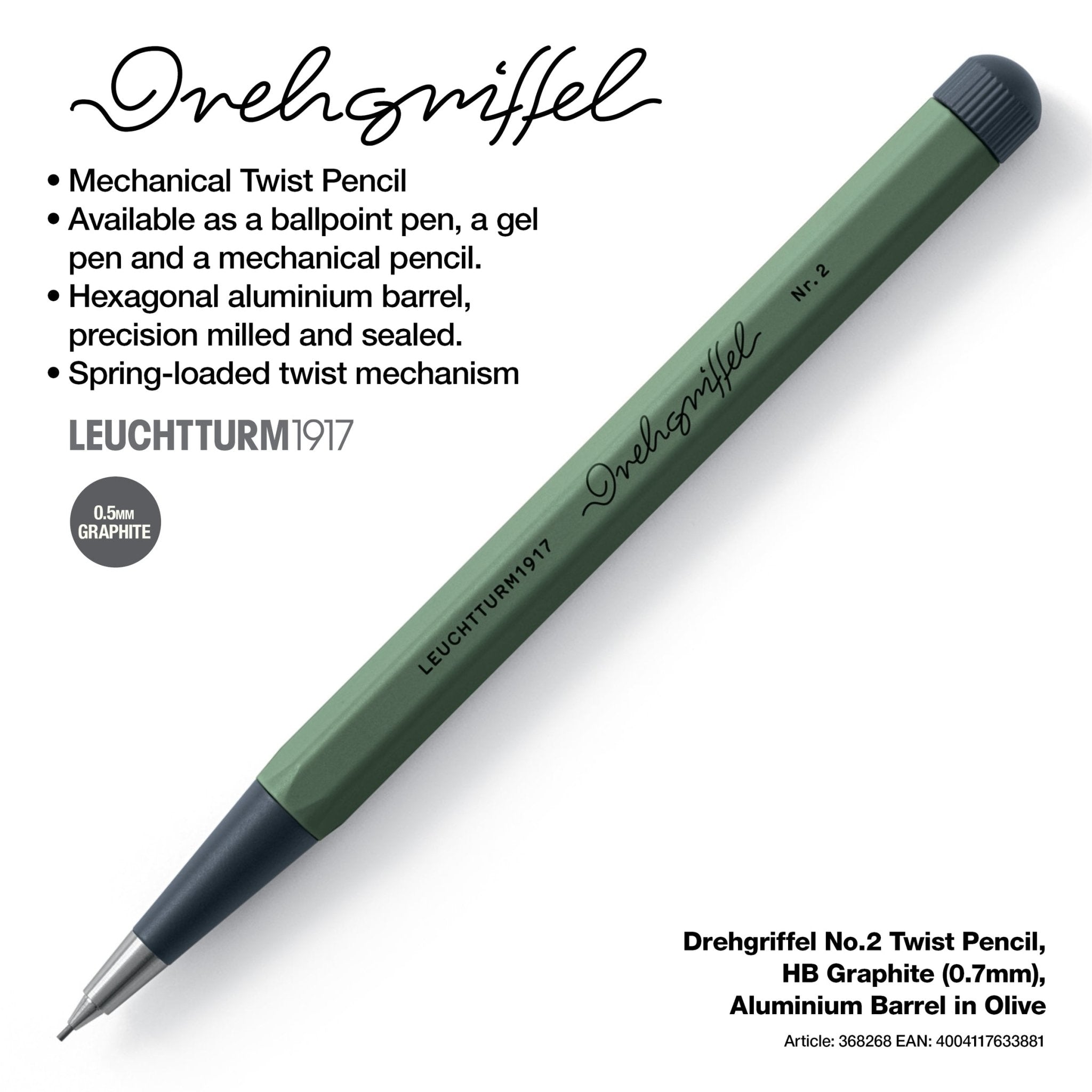 LEUCHTTURM1917 0.7mm Mechanical Clutch Pencil | Graphite HB Lead | Drehgriffel No. 2 | Olive Green | Twist Mechanism - penpencilink