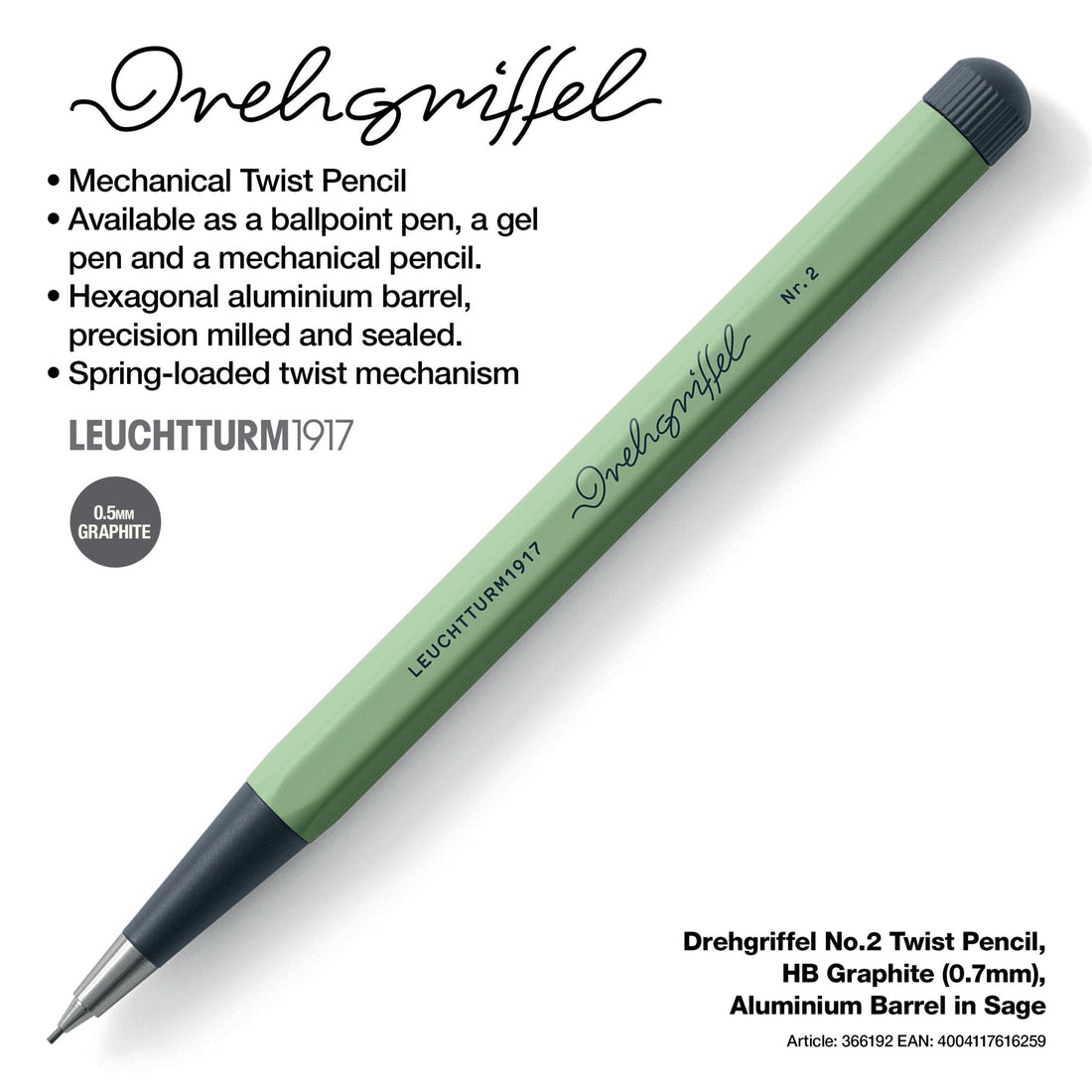 LEUCHTTURM1917 0.7mm Mechanical Clutch Pencil | Graphite HB Lead | Drehgriffel No. 2 | Sage Green | Twist Mechanism - penpencilink