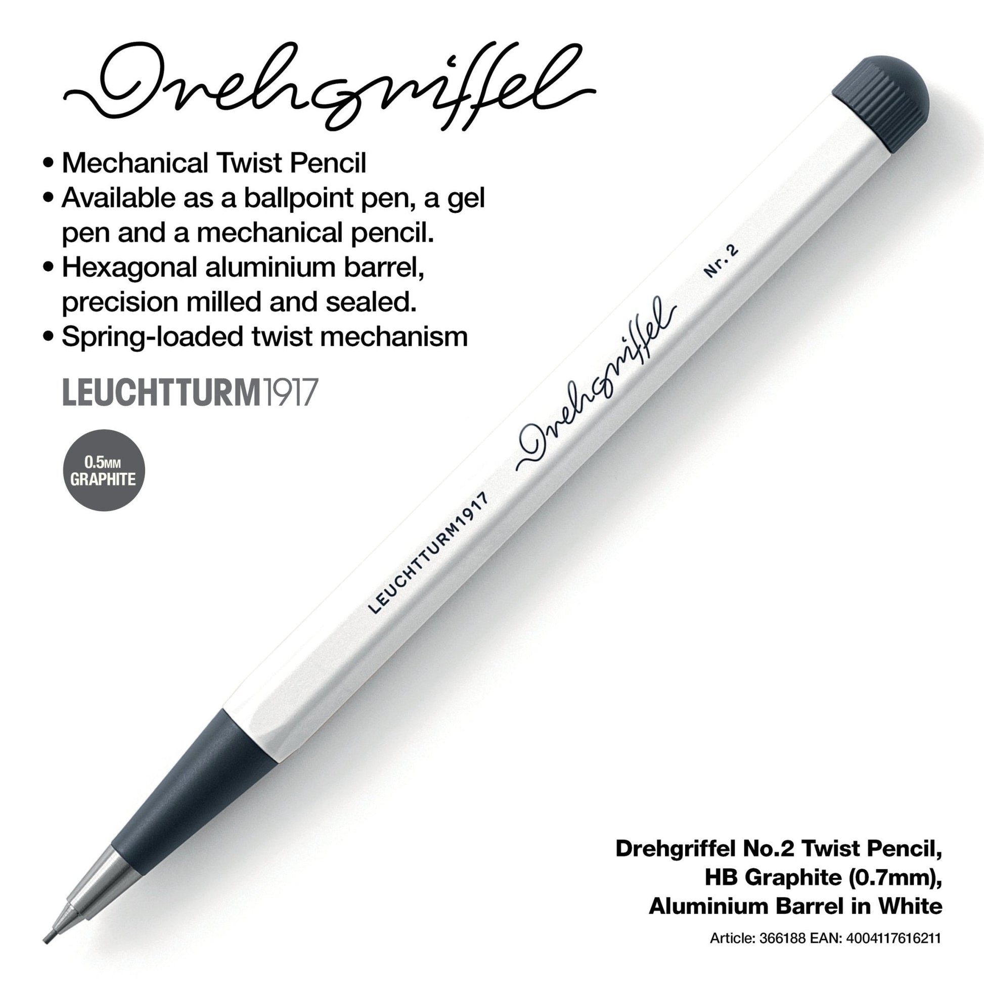 LEUCHTTURM1917 0.7mm Mechanical Clutch Pencil | Graphite HB Lead | Drehgriffel No. 2 | White | Twist Mechanism - penpencilink
