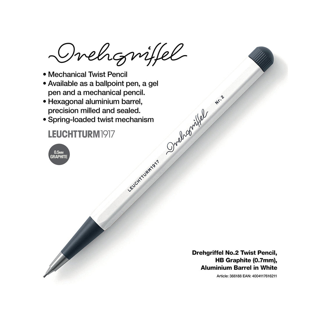 LEUCHTTURM1917 0.7mm Mechanical Clutch Pencil | Graphite HB Lead | Drehgriffel No. 2 | White | Twist Mechanism