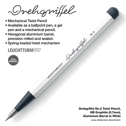 LEUCHTTURM1917 0.7mm Mechanical Clutch Pencil | Graphite HB Lead | Drehgriffel No. 2 | White | Twist Mechanism - penpencilink