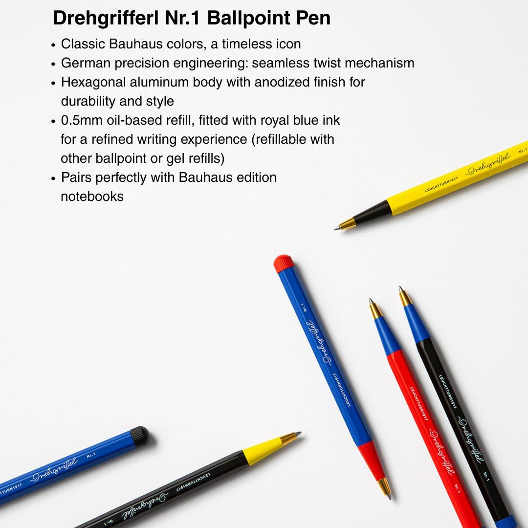 LEUCHTTURM1917 Ball Point Pen with Royal Blue Ink | Bauhaus Edition | Drehgriffel No. 1 | Black/Lemon | Twist Mechanism - penpencilink