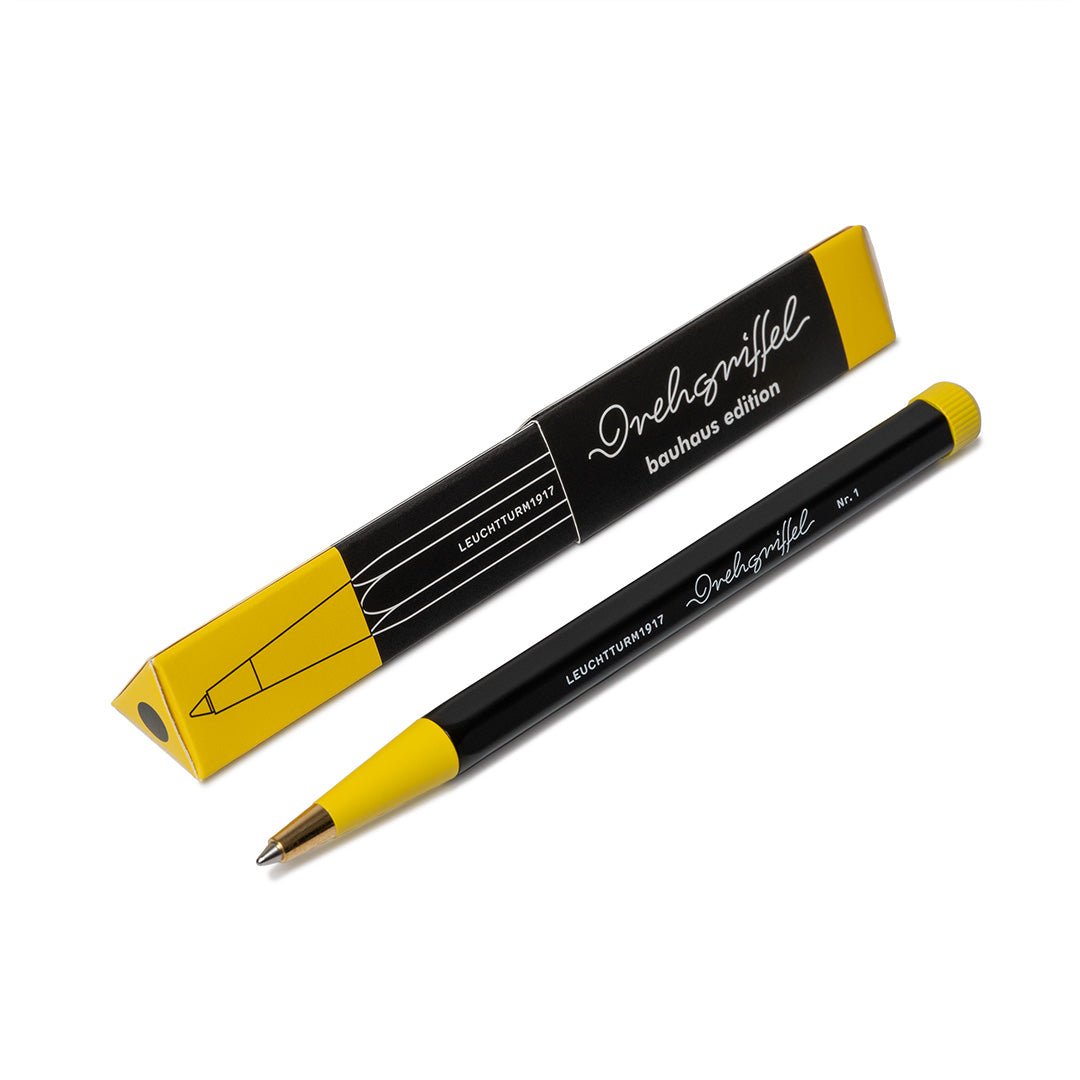 LEUCHTTURM1917 Ball Point Pen with Royal Blue Ink | Bauhaus Edition | Drehgriffel No. 1 | Black/Lemon | Twist Mechanism - penpencilink