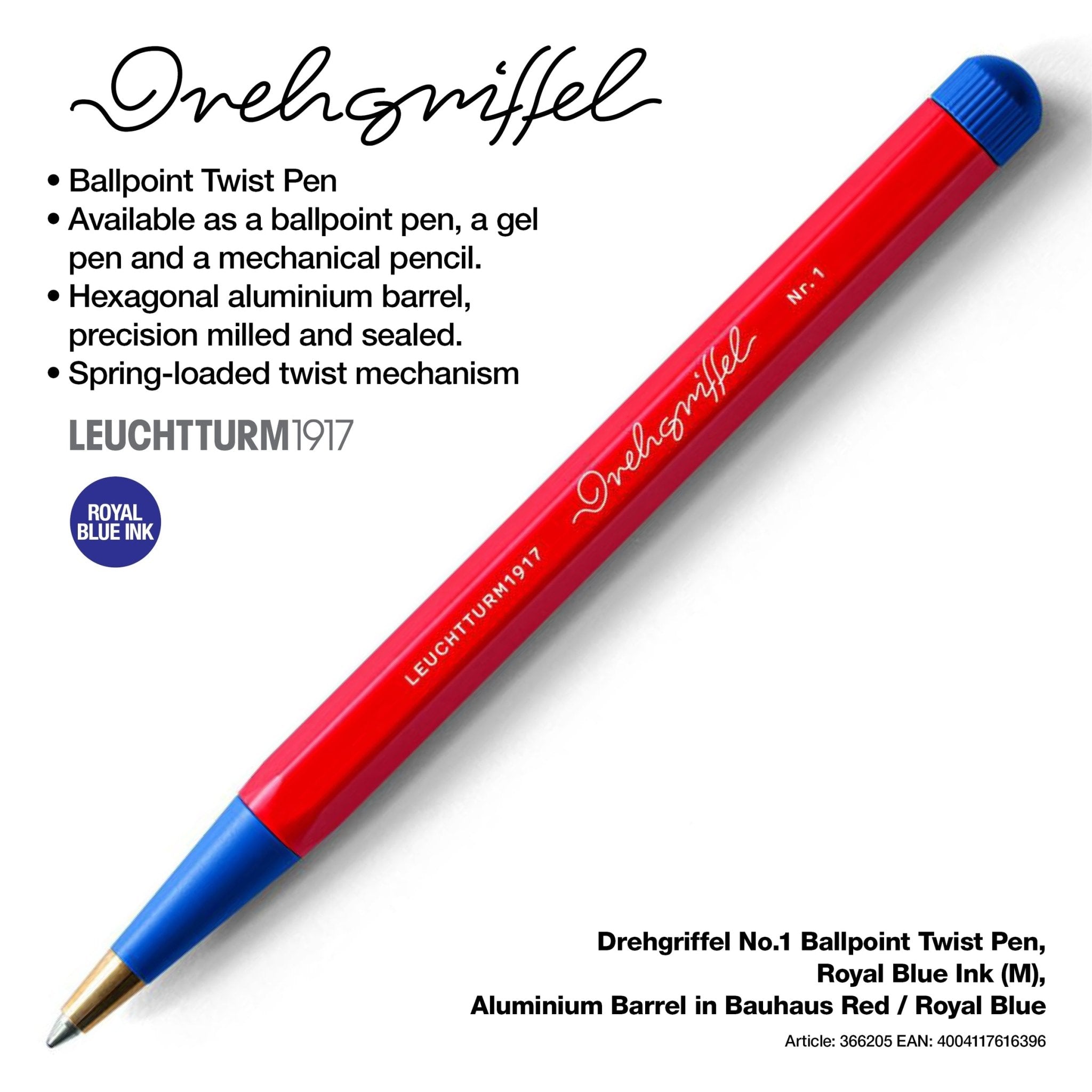 LEUCHTTURM1917 Ball Point Pen with Royal Blue Ink | Bauhaus Edition | Drehgriffel No. 1 | Red/Royal Blue | Twist Mechanism - penpencilink