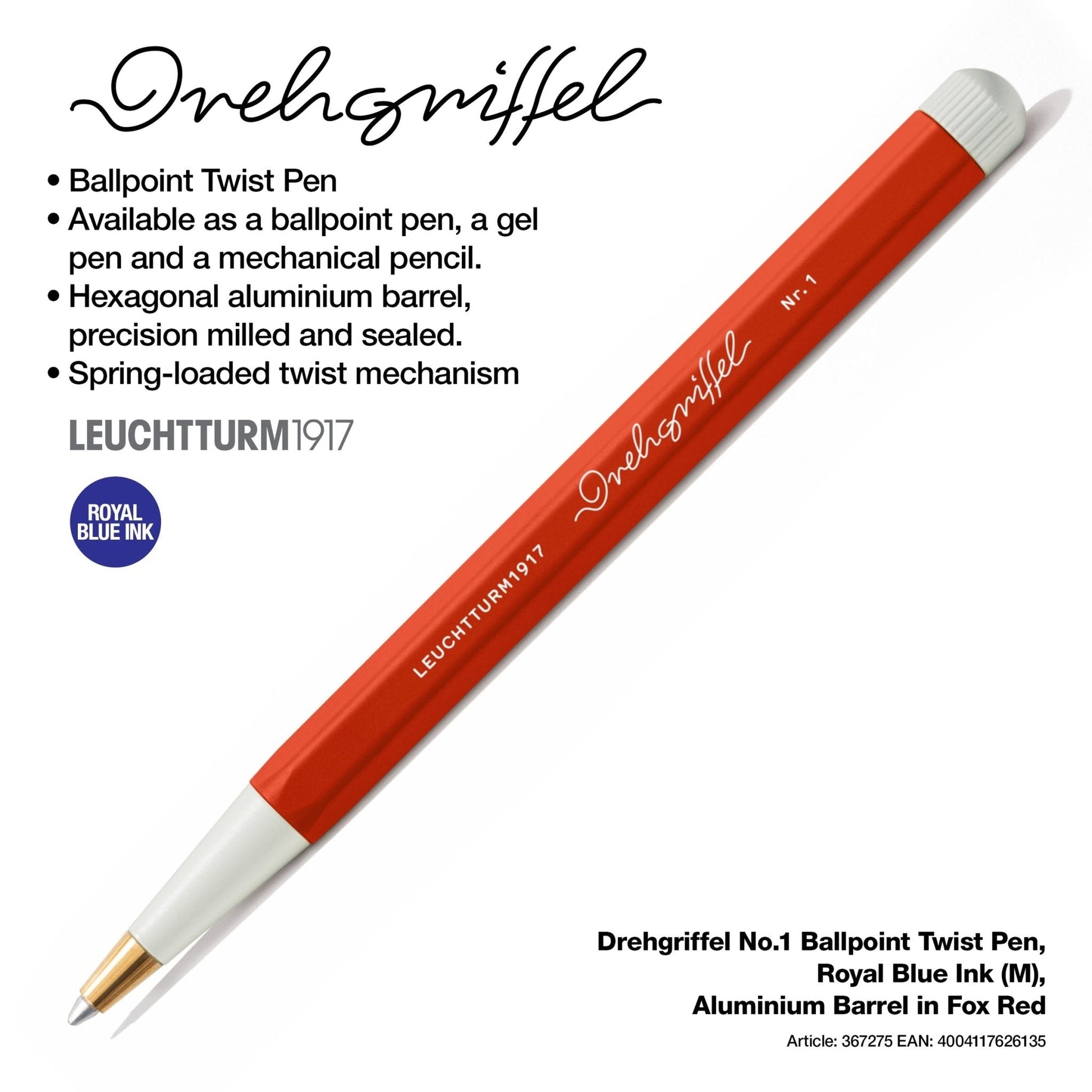LEUCHTTURM1917 Ball Point Pen with Royal Blue Ink | Drehgriffel No. 1 | Fox Red | Twist Mechanism - penpencilink