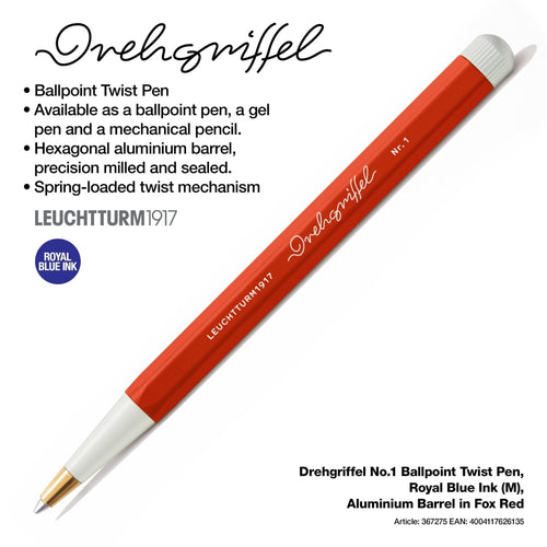 LEUCHTTURM1917 Ball Point Pen with Royal Blue Ink | Drehgriffel No. 1 | Fox Red | Twist Mechanism - penpencilink
