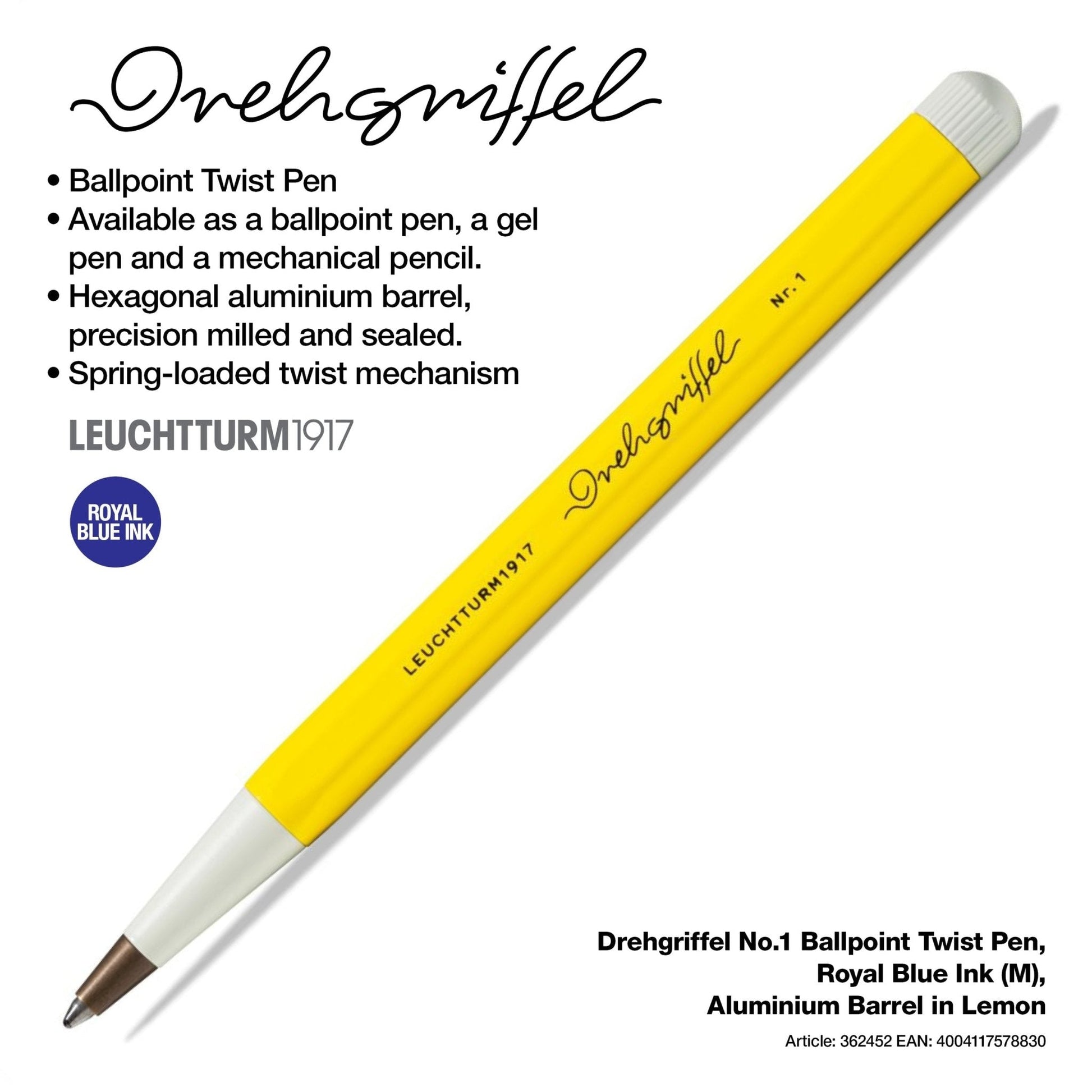 LEUCHTTURM1917 Ball Point Pen with Royal Blue Ink | Drehgriffel No. 1 | Lemon Yellow | Twist Mechanism - penpencilink