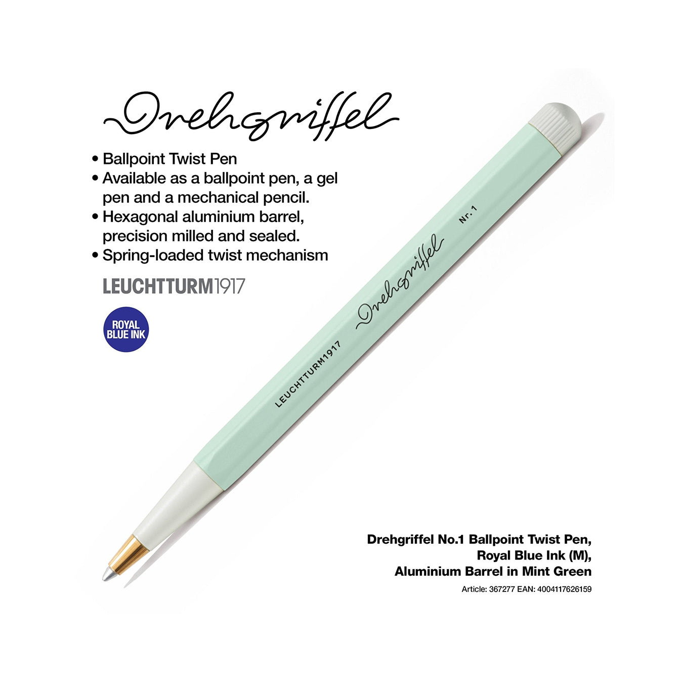 LEUCHTTURM1917 Ball Point Pen with Royal Blue Ink | Drehgriffel No. 1 | Mint Green | Twist Mechanism