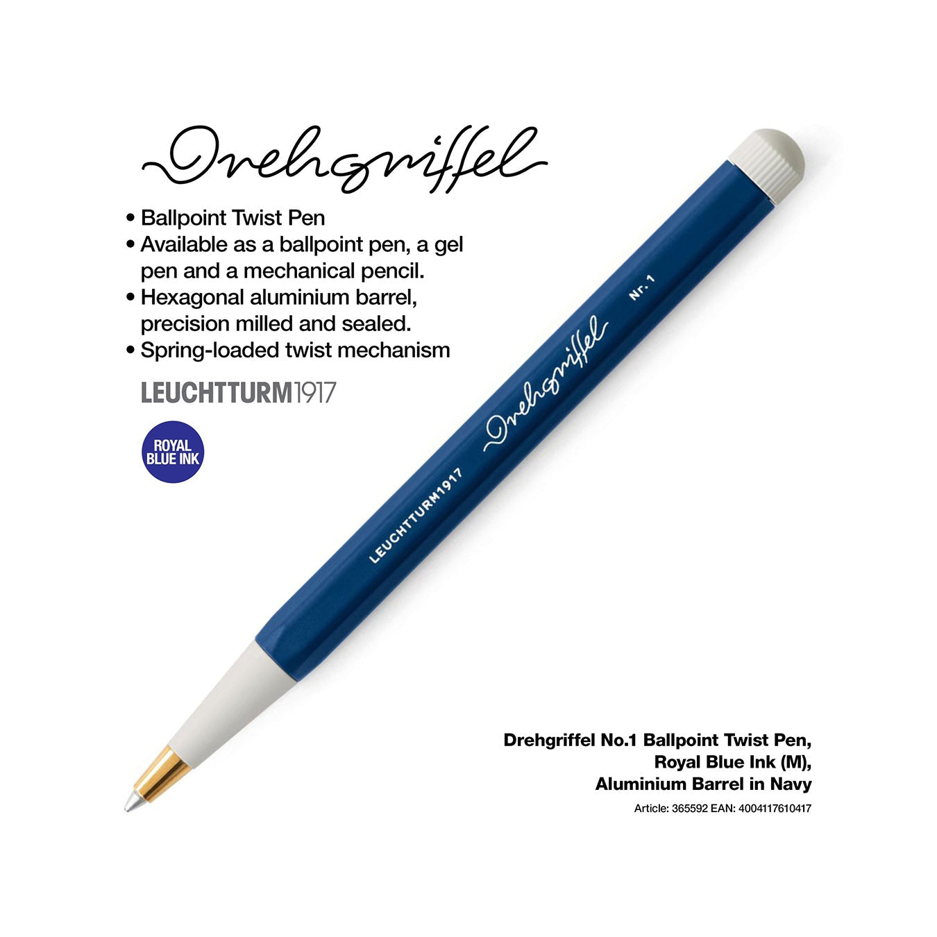 LEUCHTTURM1917 Ball Point Pen with Royal Blue Ink | Drehgriffel No. 1 | Navy Blue | Twist Mechanism