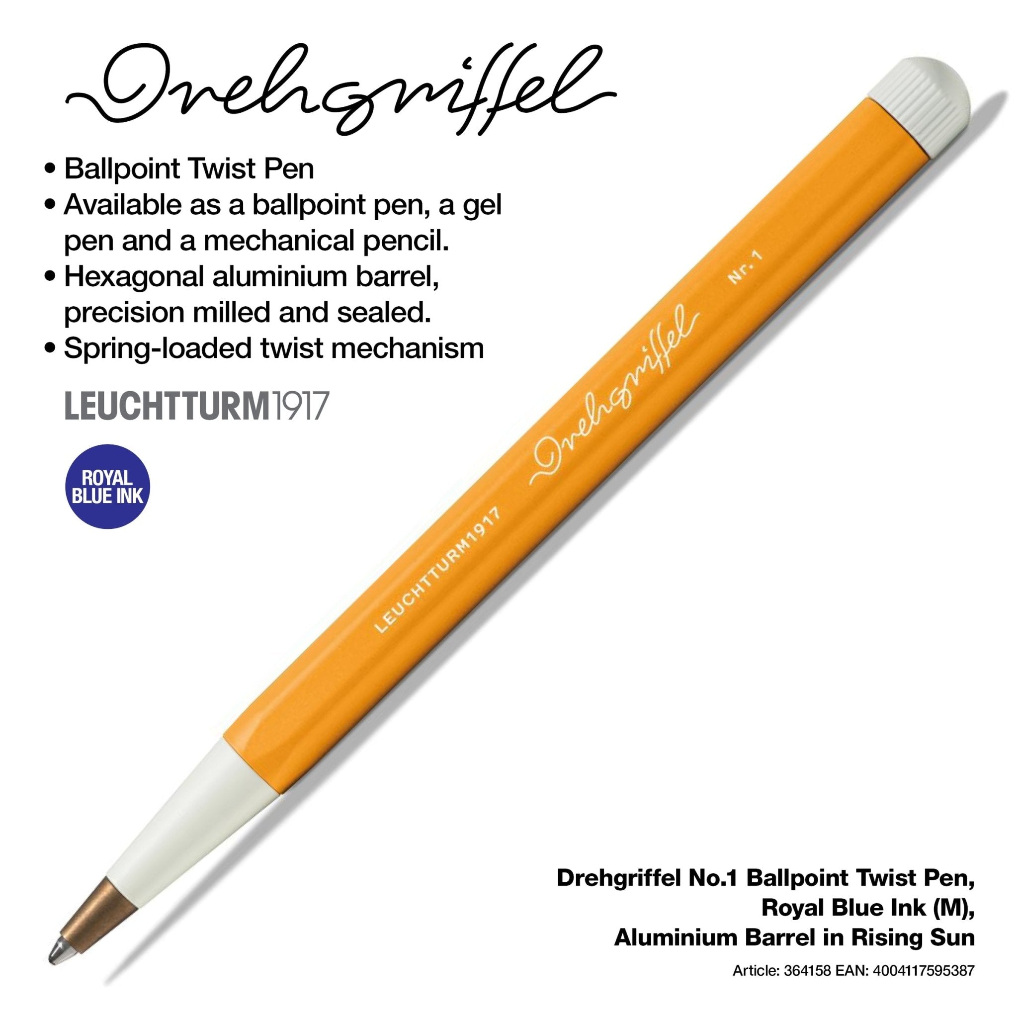 LEUCHTTURM1917 Ball Point Pen with Royal Blue Ink | Drehgriffel No. 1 | Rising Sun Orange | Twist Mechanism - penpencilink