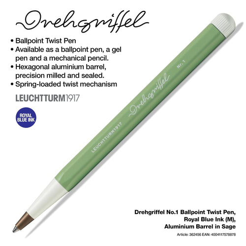 LEUCHTTURM1917 Ball Point Pen with Royal Blue Ink | Drehgriffel No. 1 | Sage Green | Twist Mechanism - penpencilink