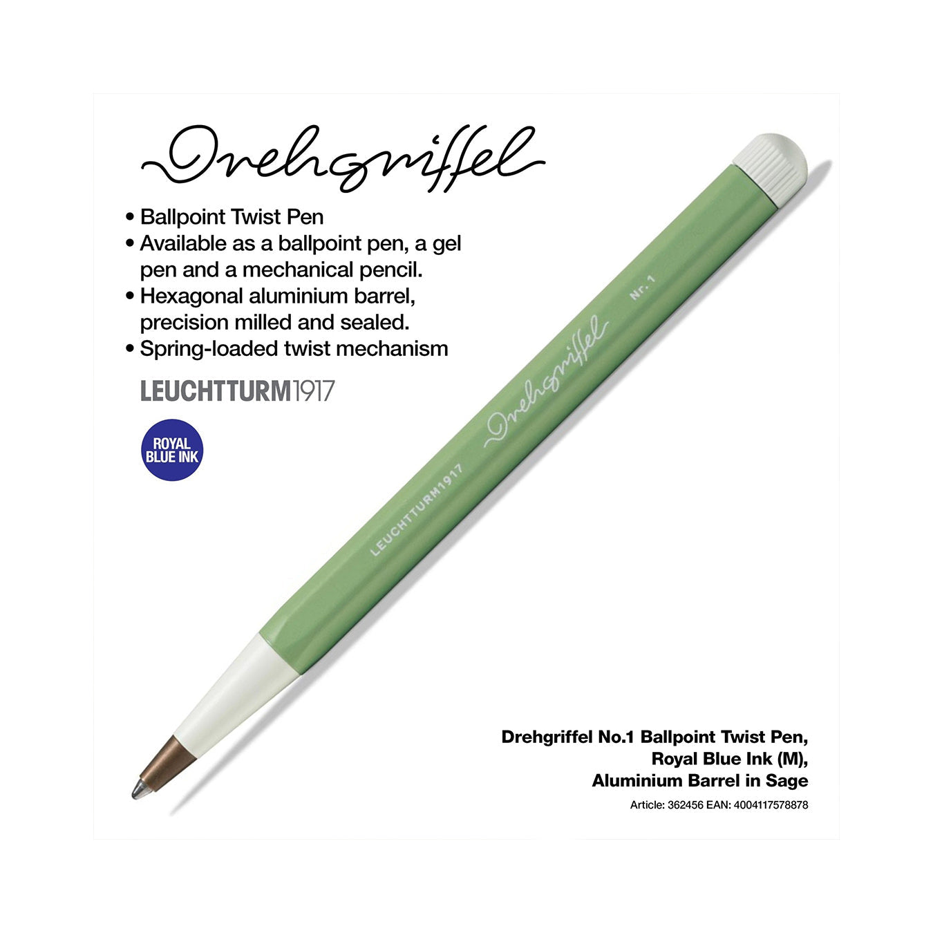 LEUCHTTURM1917 Ball Point Pen with Royal Blue Ink | Drehgriffel No. 1 | Sage Green | Twist Mechanism