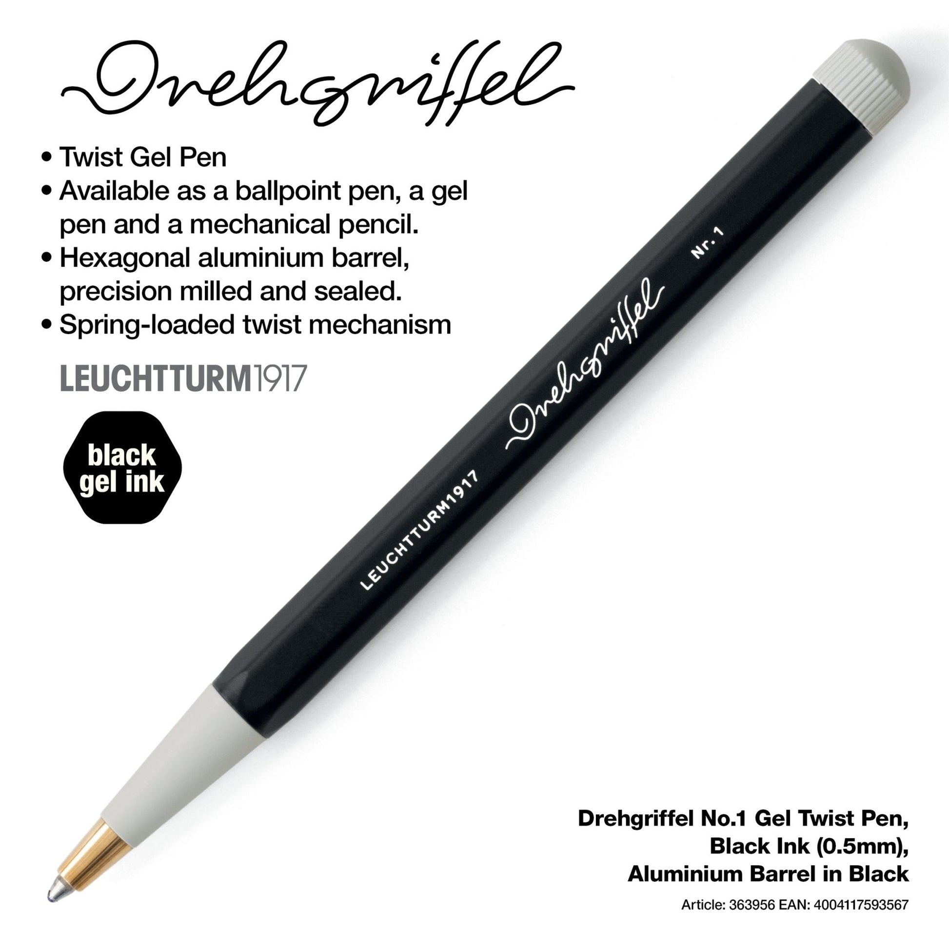 LEUCHTTURM1917 Gel Pen with Document Proof Black Ink | Drehgriffel No. 1 | Black | Twist Mechanism - penpencilink