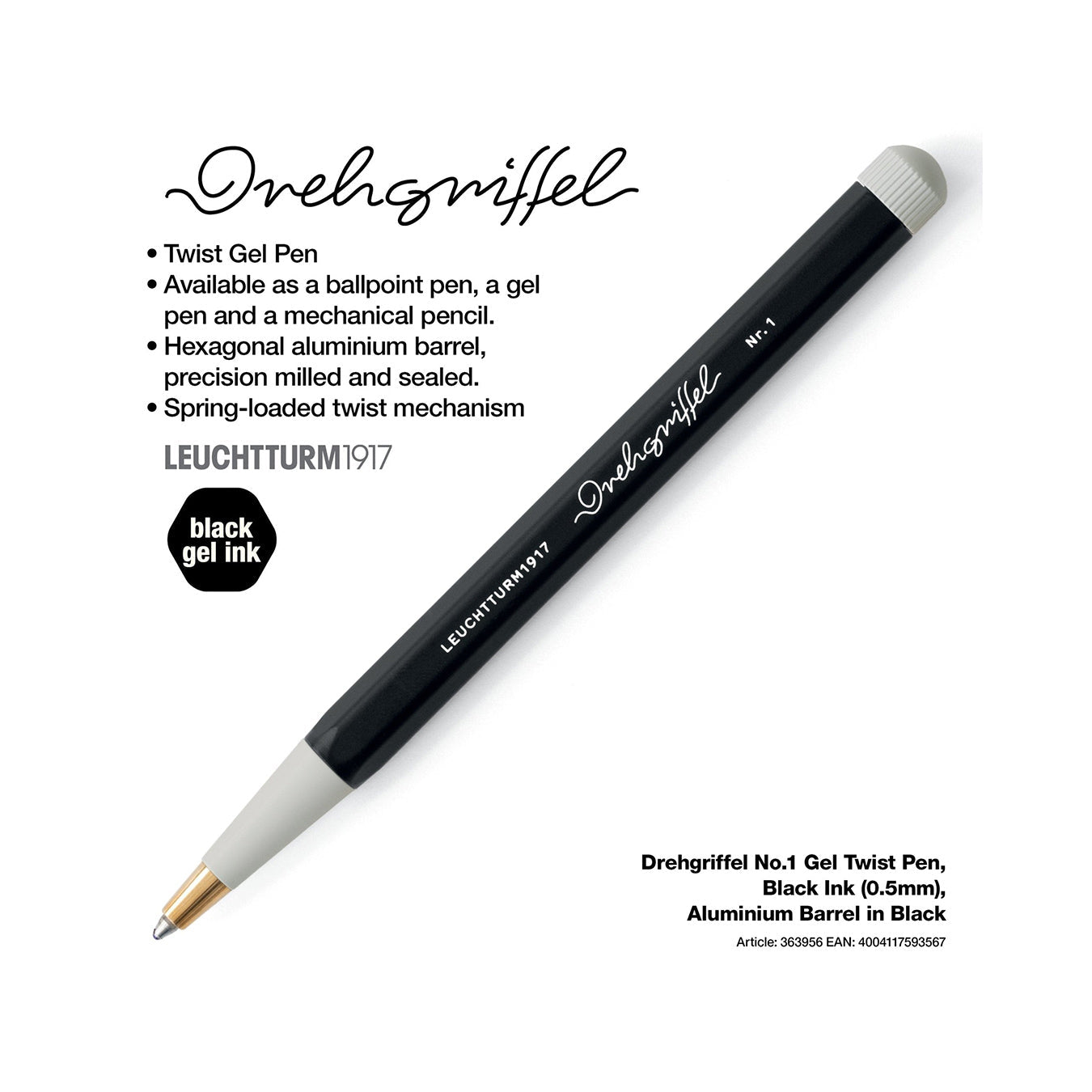 LEUCHTTURM1917 Gel Pen with Document Proof Black Ink | Drehgriffel No. 1 | Black | Twist Mechanism
