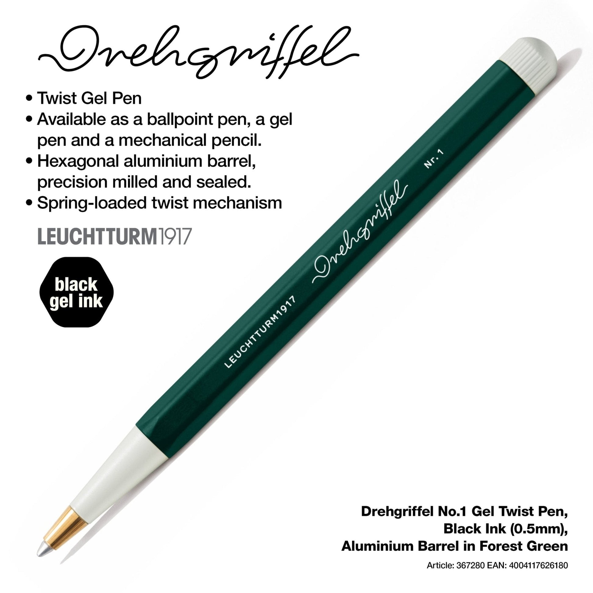 LEUCHTTURM1917 Gel Pen with Document Proof Black Ink | Drehgriffel No. 1 | Forest Green| Twist Mechanism - penpencilink