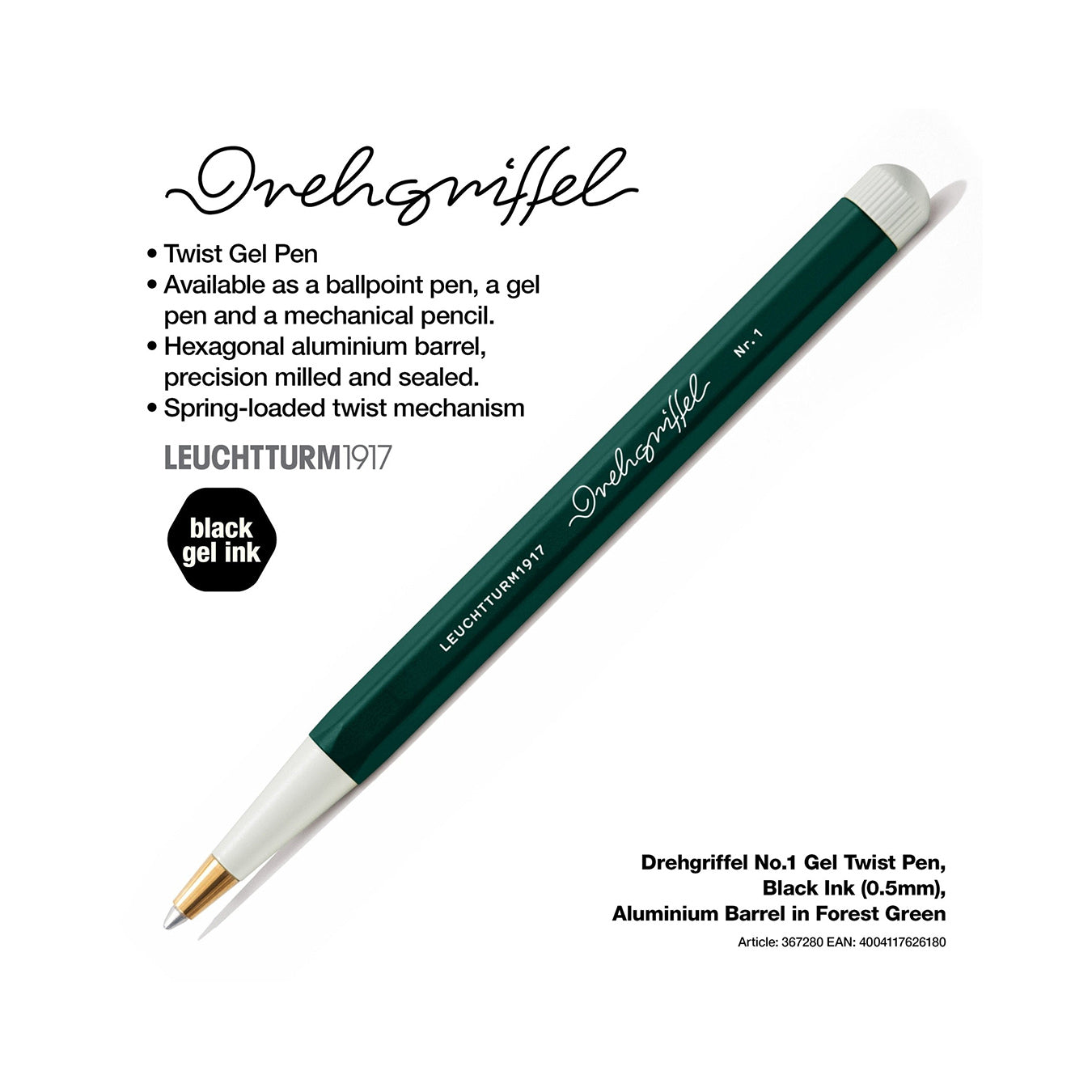 LEUCHTTURM1917 Gel Pen with Document Proof Black Ink | Drehgriffel No. 1 | Forest Green| Twist Mechanism