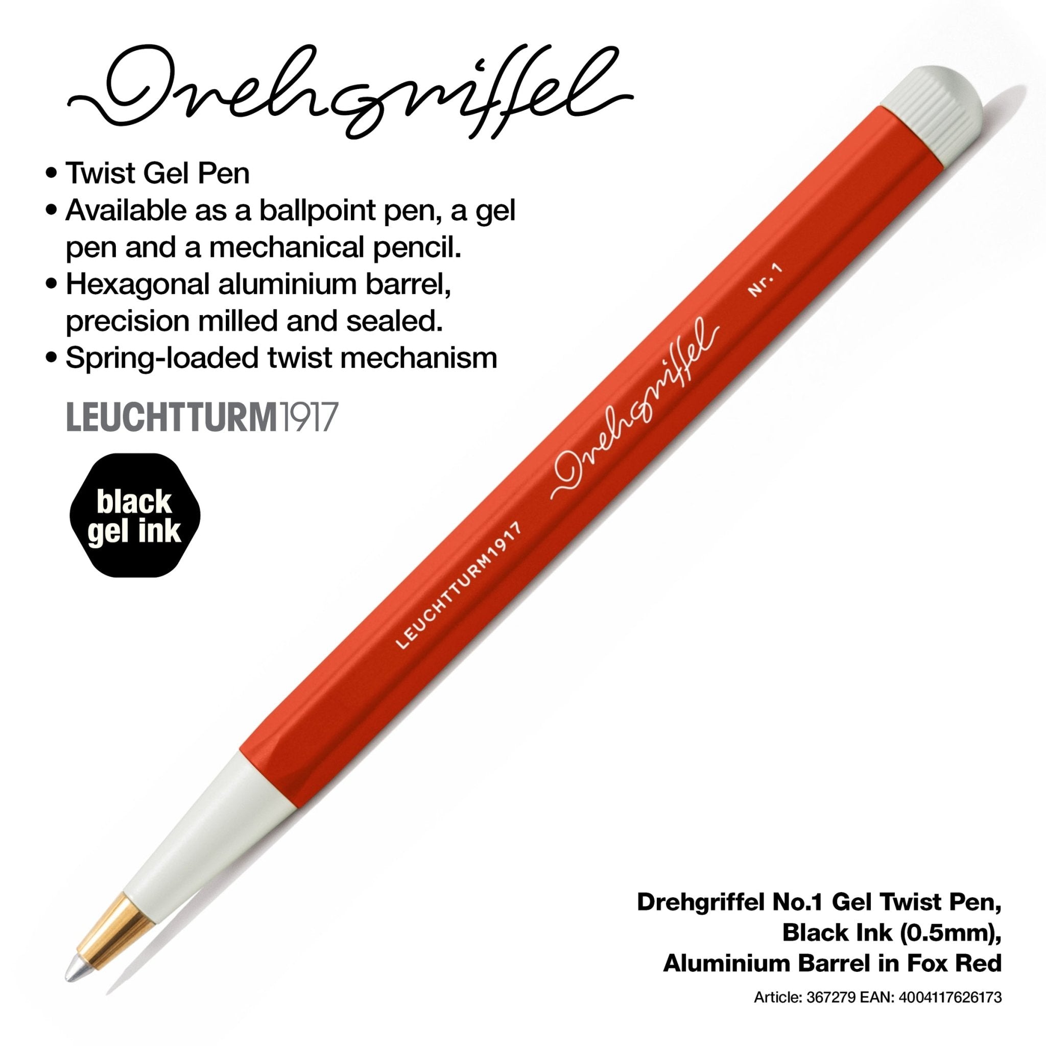LEUCHTTURM1917 Gel Pen with Document Proof Black Ink | Drehgriffel No. 1 | Fox Red | Twist Mechanism - penpencilink