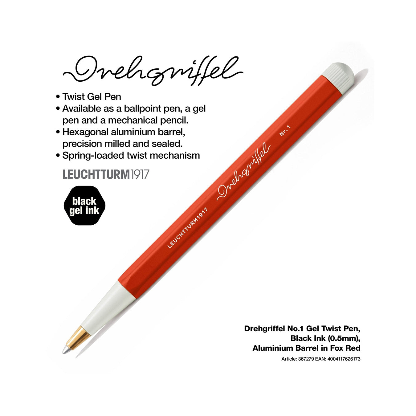 LEUCHTTURM1917 Gel Pen with Document Proof Black Ink | Drehgriffel No. 1 | Fox Red | Twist Mechanism