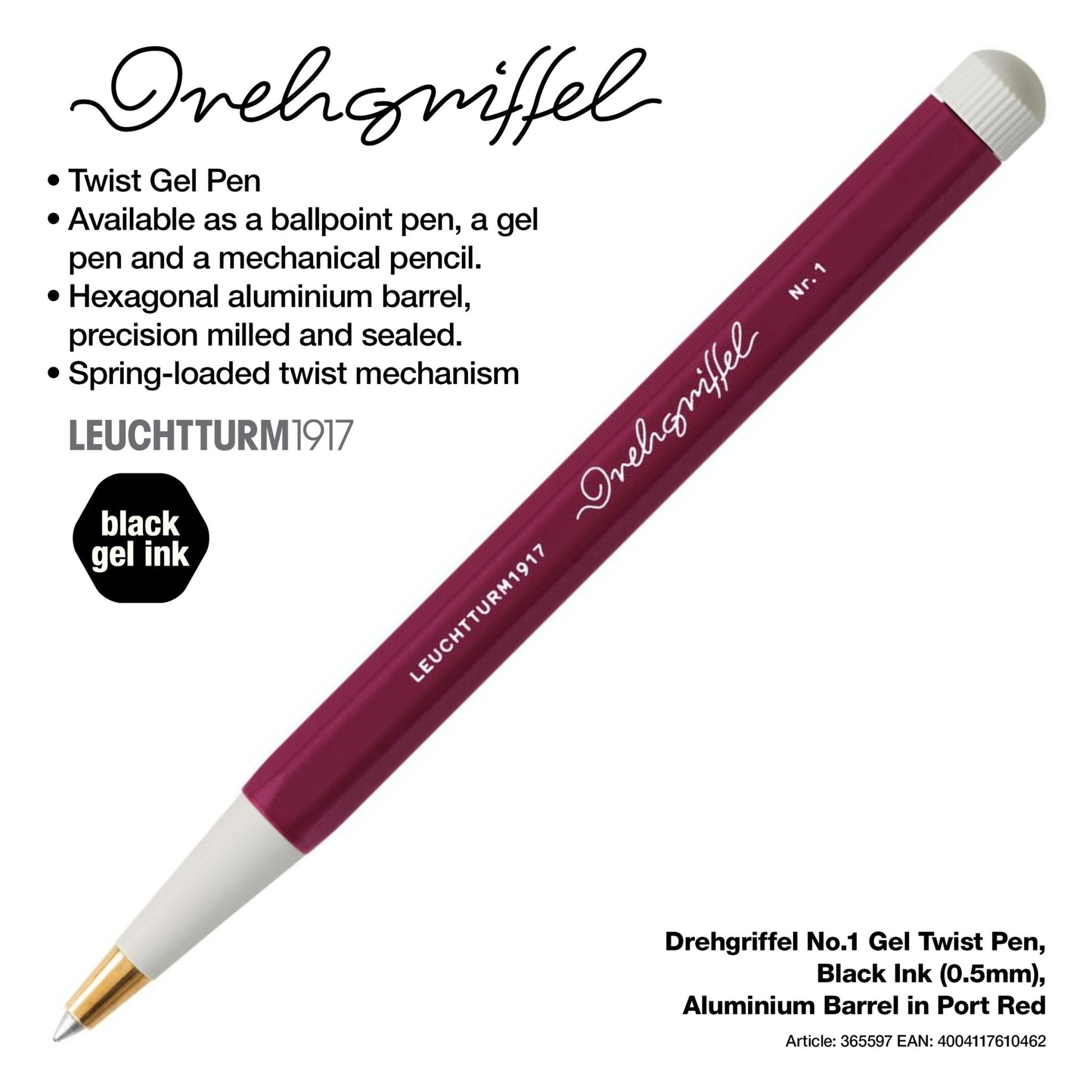 LEUCHTTURM1917 Gel Pen with Document Proof Black Ink | Drehgriffel No. 1 |Port Red| Twist Mechanism - penpencilink