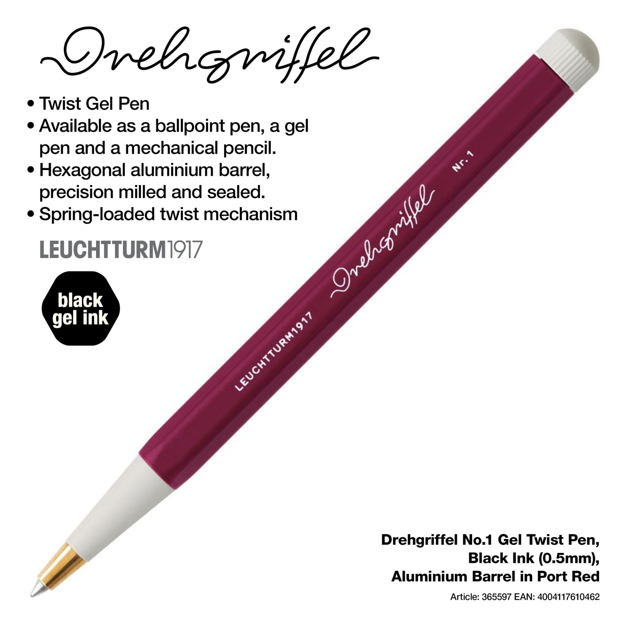 LEUCHTTURM1917 Gel Pen with Document Proof Black Ink | Drehgriffel No. 1 |Port Red| Twist Mechanism - penpencilink