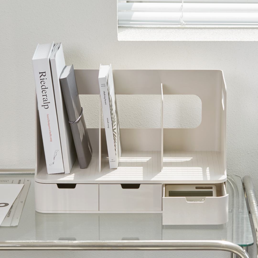 Sysmax | Olio Book Rack with 3 Compartments | 3  Drawers | Organiser| Beige