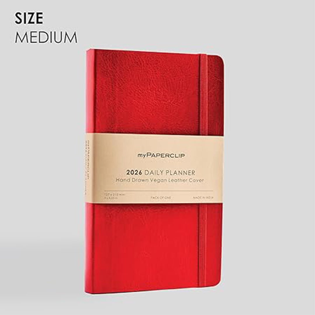 myPAPERCLIP 2026 Daily Planner M2 | Medium Size | Red | Italian Vegan Leather Cover | 384 Pages, 80 GSM | Red - penpencilink