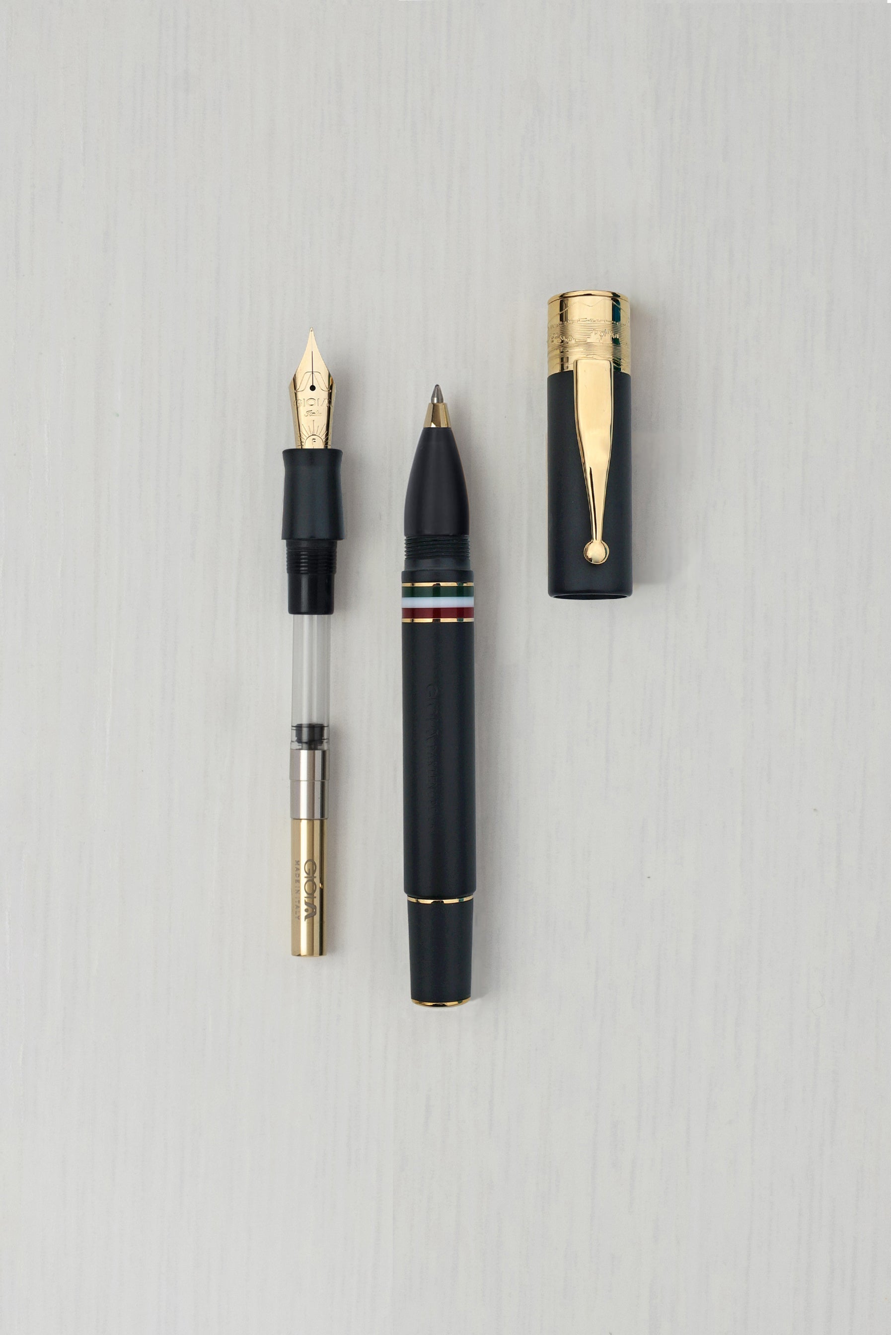 Gioia | Fountain Pen & Rollerball Pen | Partenope | Black Sand | Gold Trims