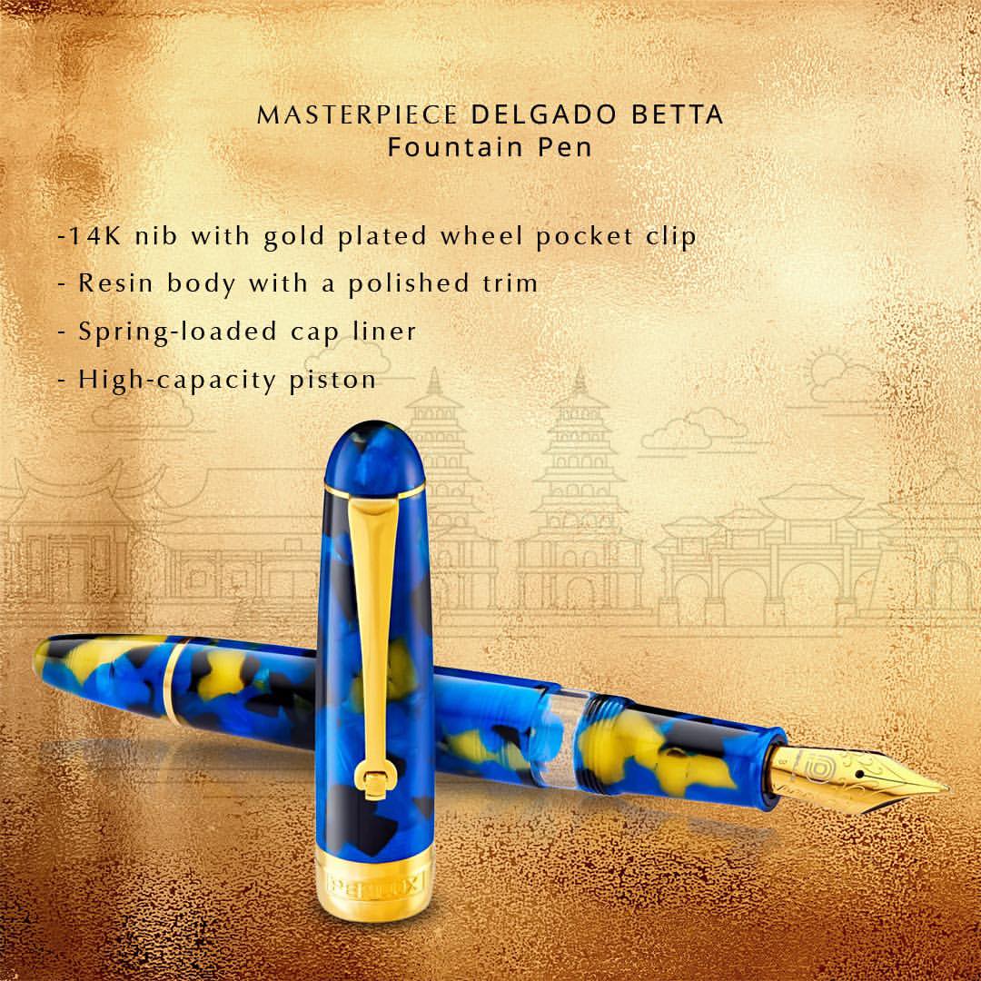 Penlux | Fountain Pen | 14K Gold Plated | Masterpiece Delgado Betta | Blue | Flex Nib