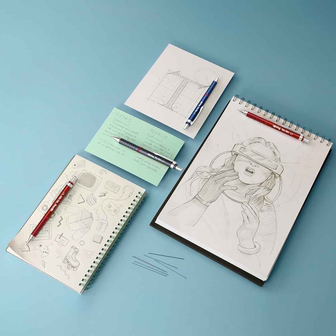 Rotring | 0.7mm | Metallic Grey Clutch Lead | Mechanical Pencil | Tikky Retro | 2B Lead | Eraser Inbuilt - penpencilink