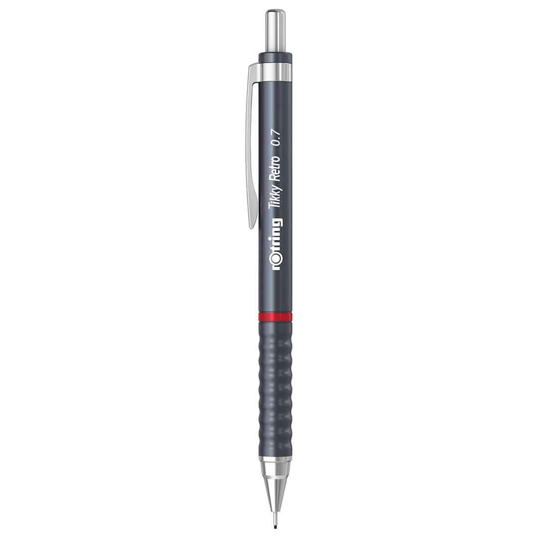 Rotring | 0.7mm | Metallic Grey Clutch Lead | Mechanical Pencil | Tikky Retro | 2B Lead | Eraser Inbuilt - penpencilink