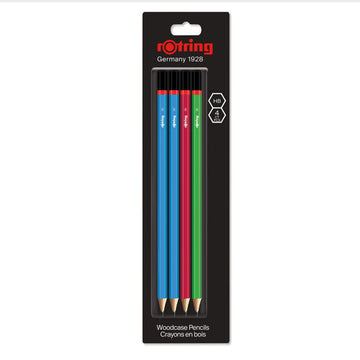 Rotring | Woodcase | HB Graphite Pencil | Core Assorted Colours | Blister Pack of 4 Wooden Pencils