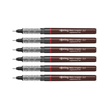 Rotring | Tikky | Graphic Fineliner | Black Pigment Lightfast | 0.2mm 0.3mm | 6 Pen Set | 3 Each