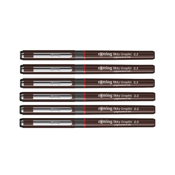 Rotring | Tikky | Graphic Fineliner | Black Pigment Lightfast | 0.3mm, 0.5mm | 6 Pen Set | 3 Each