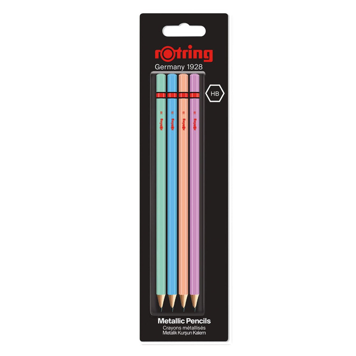 Rotring | Woodcase | HB Graphite Pencil | Metallic Assorted Colours | Blister Pack of 4 Wooden Pencils