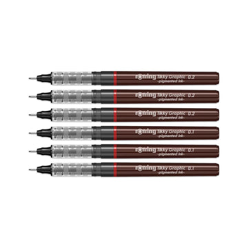 Rotring | Tikky | Graphic Fineliner | Black Pigment Lightfast | 0.1, 0.2 | 6 Pen Set | 3 Each