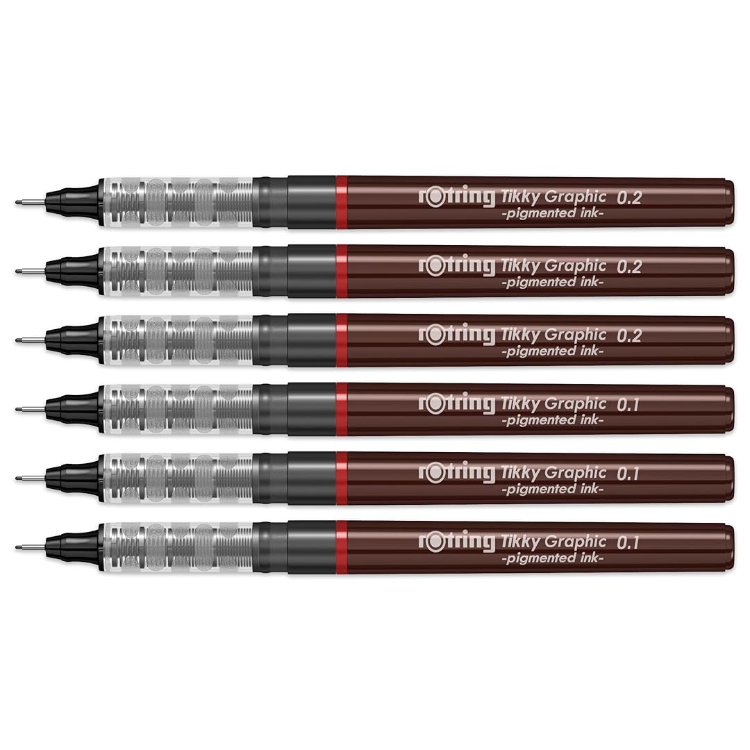 Rotring | Tikky | Graphic Fineliner | Black Pigment Lightfast | 0.1, 0.2 | 6 Pen Set | 3 Each