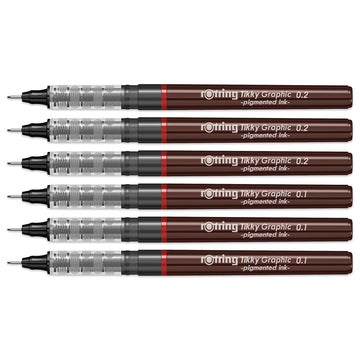 Rotring | Tikky | Graphic Fineliner | Black Pigment Lightfast | 0.1, 0.2 | 6 Pen Set | 3 Each