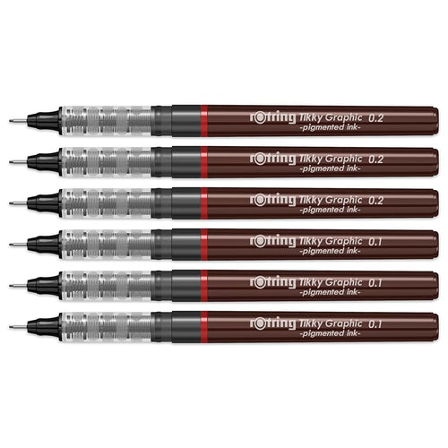 Rotring | Tikky | Graphic Fineliner | Black Pigment Lightfast | 0.1, 0.2 | 6 Pen Set | 3 Each