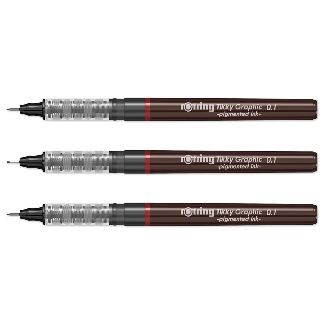 Rotring | Tikky | Graphic Fineliner | Black Pigment Lightfast | 0.1mm | 3 Pen Set