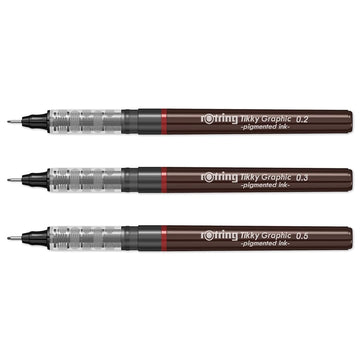 Rotring | Tikky | Graphic Fineliner | Black Pigment Lightfast | 0.2mm 0.3mm 0.5mm | 3 Pen Set