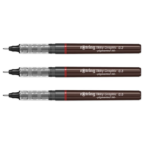 Rotring | Tikky | Graphic Fineliner | Black Pigment Lightfast | 0.2mm 0.3mm 0.5mm | 3 Pen Set