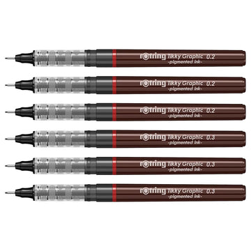 Rotring | Tikky | Graphic Fineliner | Black Pigment Lightfast | 0.2mm 0.3mm | 6 Pen Set | 3 Each