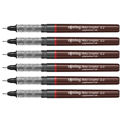 Rotring | Tikky | Graphic Fineliner | Black Pigment Lightfast | 0.2mm 0.3mm | 6 Pen Set | 3 Each