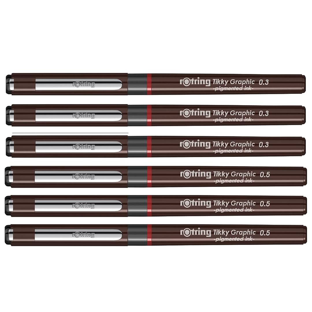 Rotring | Tikky | Graphic Fineliner | Black Pigment Lightfast | 0.3mm, 0.5mm | 6 Pen Set | 3 Each