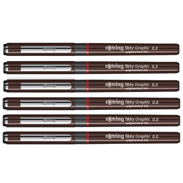 Rotring | Tikky | Graphic Fineliner | Black Pigment Lightfast | 0.3mm, 0.5mm | 6 Pen Set | 3 Each