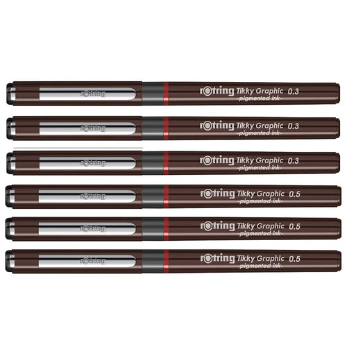 Rotring | Tikky | Graphic Fineliner | Black Pigment Lightfast | 0.3mm, 0.5mm | 6 Pen Set | 3 Each