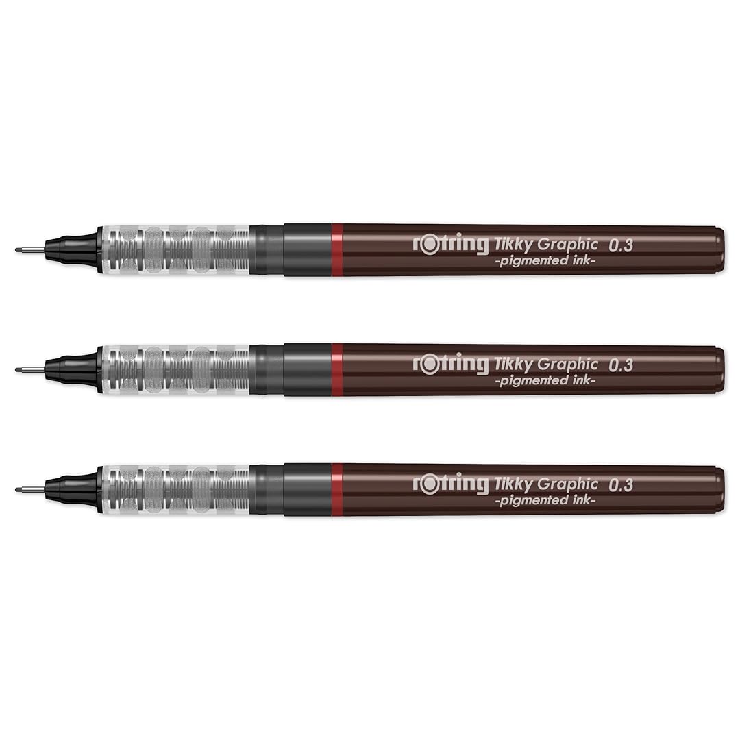 Rotring | Tikky | Graphic Fineliner | Black Pigment Lightfast | 0.3mm | 3 Pen Set