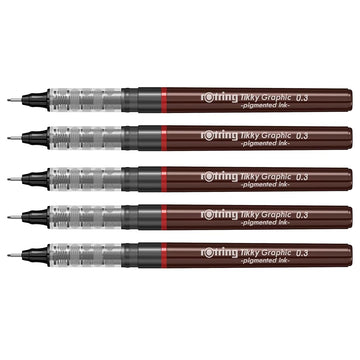 Rotring | Tikky | Graphic Fineliner | Black Pigment Lightfast | 0.3mm | 5 Pen Set